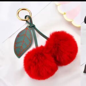 Faux Fur Cherry Pom Pom Keychain with Leaf Accent Purse Charm NEW